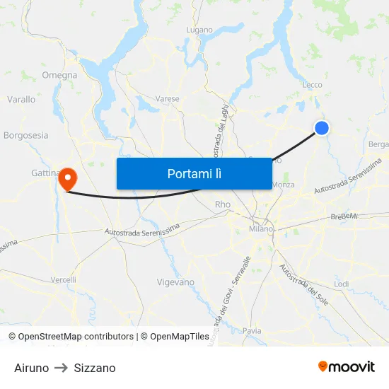 Airuno to Sizzano map