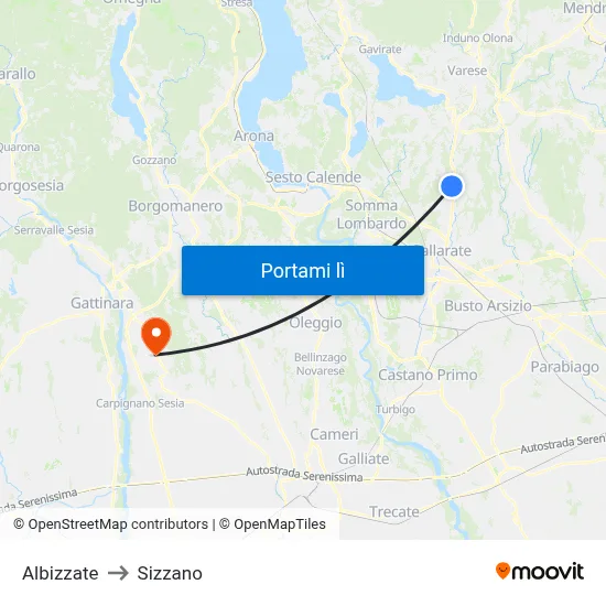 Albizzate to Sizzano map