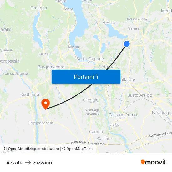 Azzate to Sizzano map