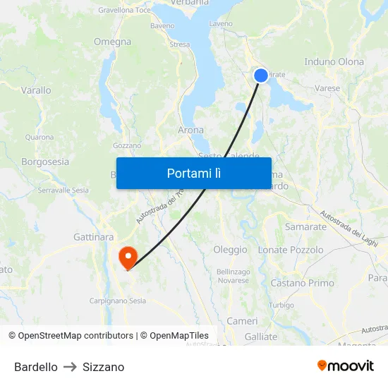 Bardello to Sizzano map