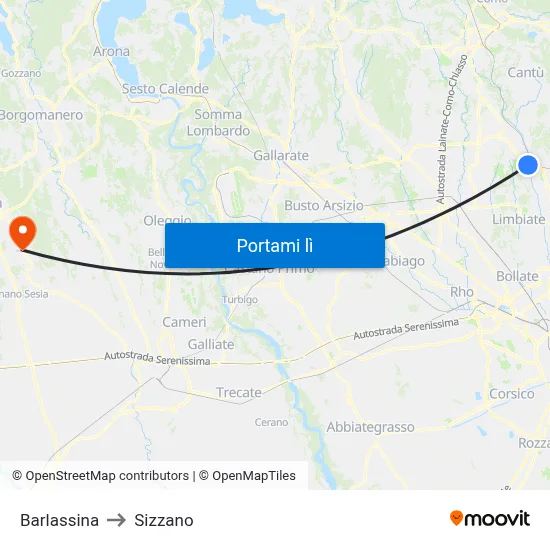 Barlassina to Sizzano map