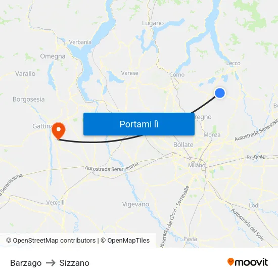 Barzago to Sizzano map