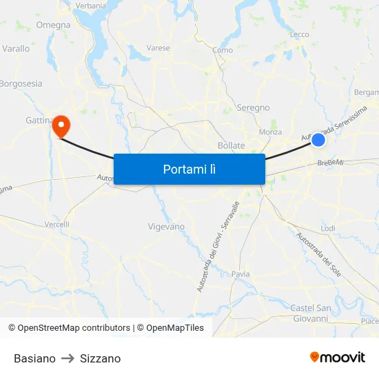 Basiano to Sizzano map