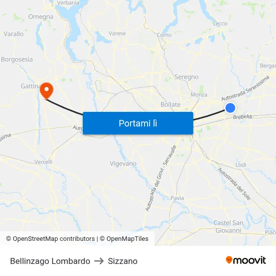Bellinzago Lombardo to Sizzano map