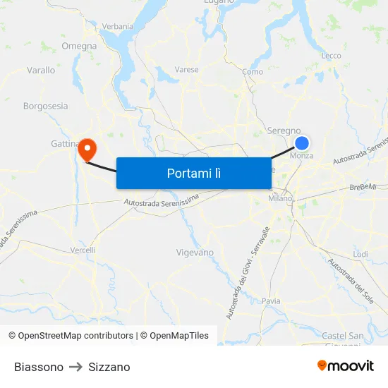 Biassono to Sizzano map