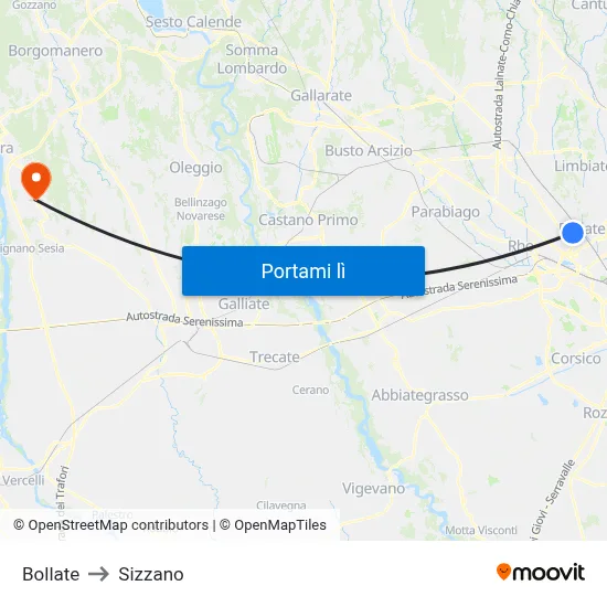 Bollate to Sizzano map