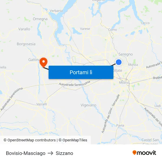 Bovisio-Masciago to Sizzano map