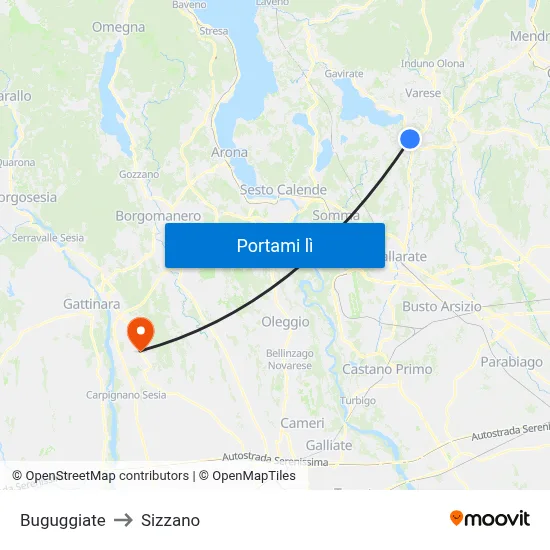 Buguggiate to Sizzano map