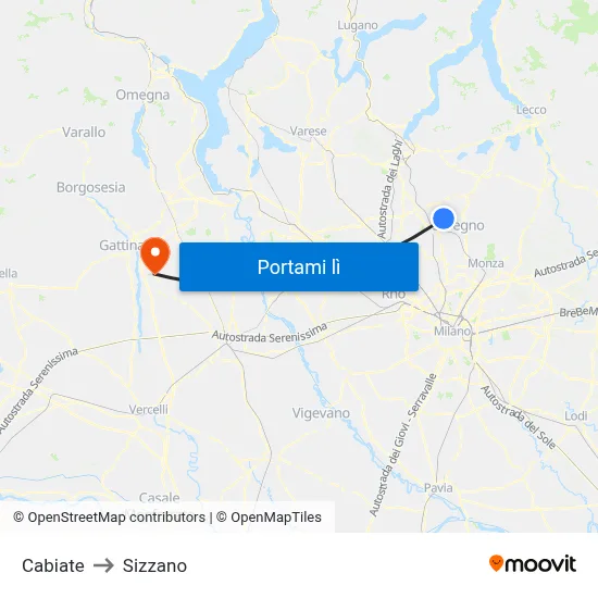 Cabiate to Sizzano map