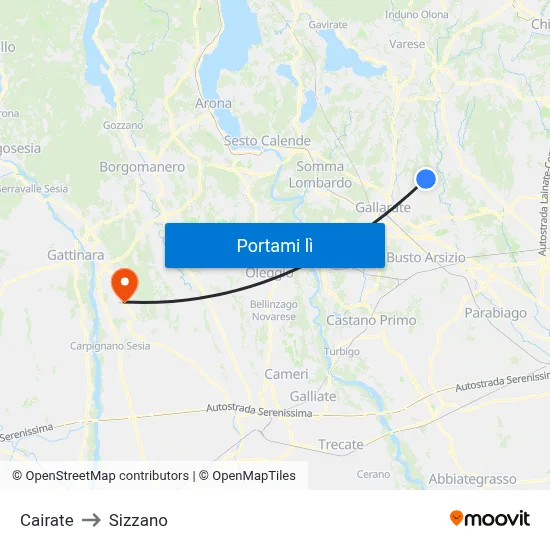 Cairate to Sizzano map