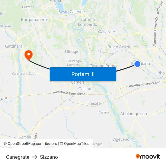 Canegrate to Sizzano map