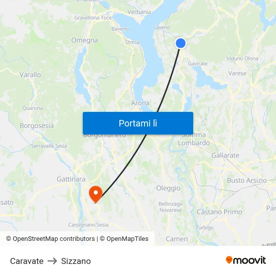 Caravate to Sizzano map