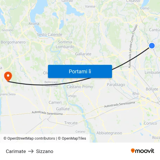 Carimate to Sizzano map