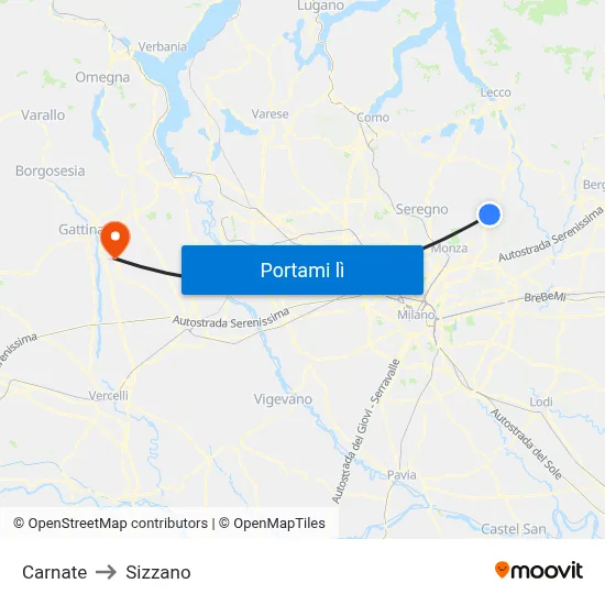 Carnate to Sizzano map