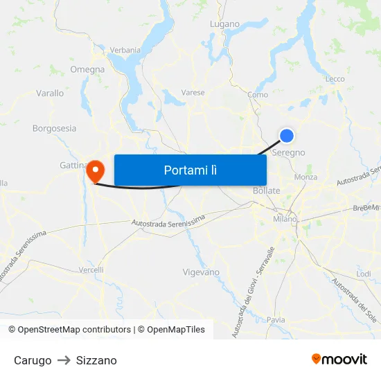 Carugo to Sizzano map