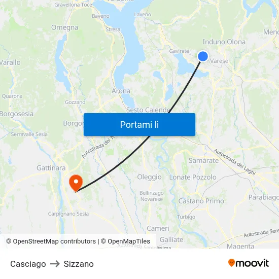 Casciago to Sizzano map