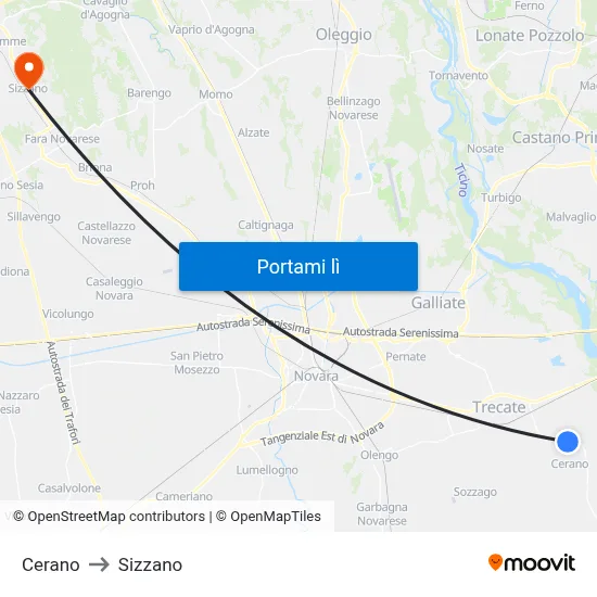 Cerano to Sizzano map