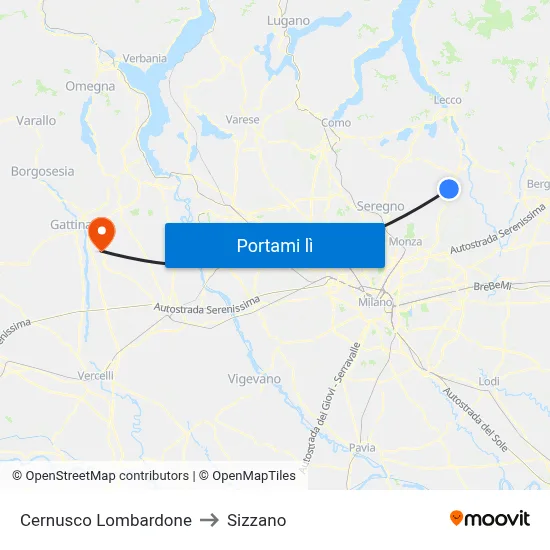 Cernusco Lombardone to Sizzano map