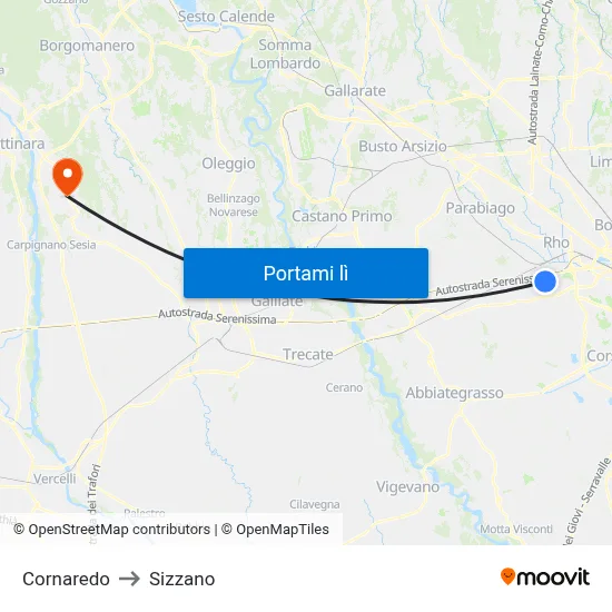 Cornaredo to Sizzano map
