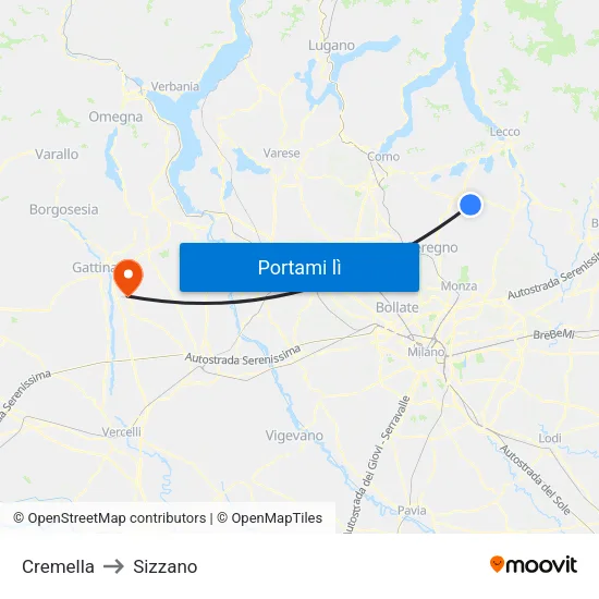 Cremella to Sizzano map