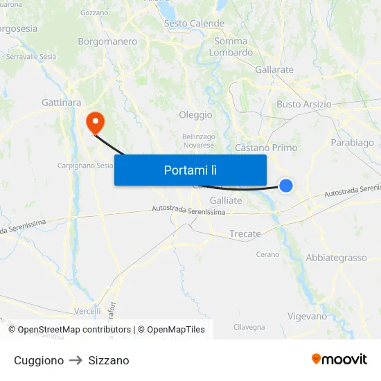Cuggiono to Sizzano map