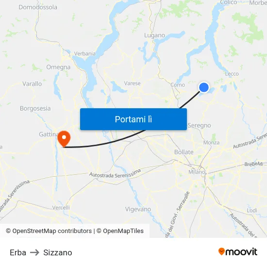 Erba to Sizzano map