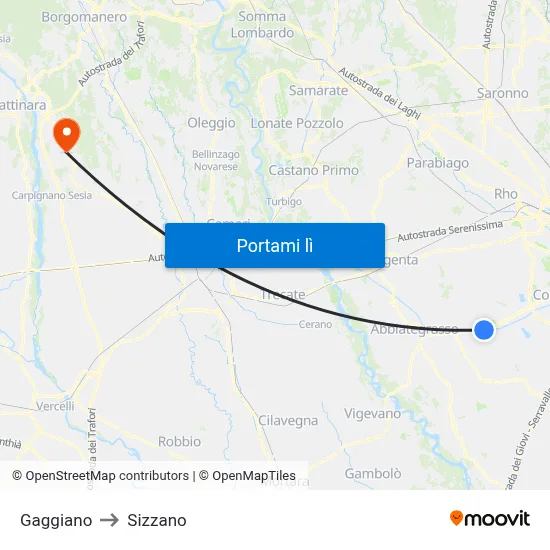 Gaggiano to Sizzano map