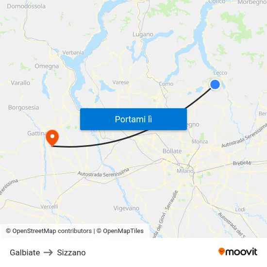 Galbiate to Sizzano map