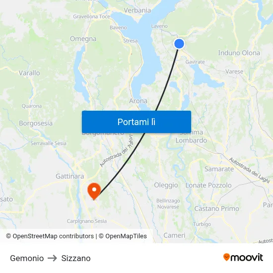 Gemonio to Sizzano map