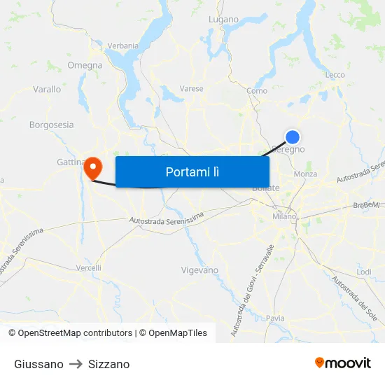 Giussano to Sizzano map