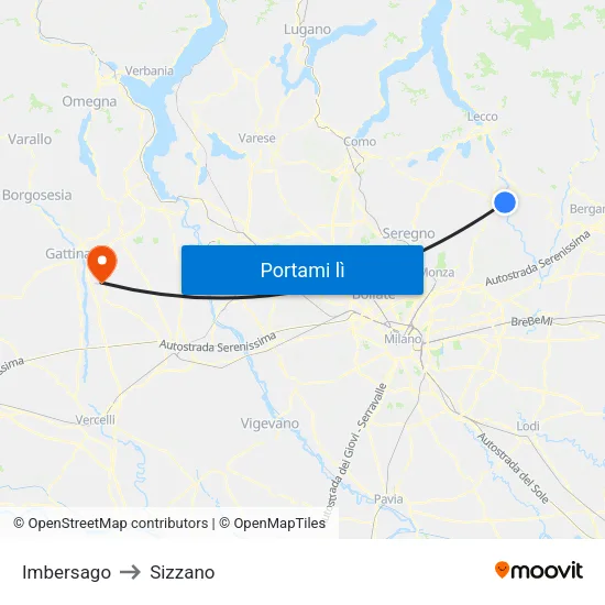 Imbersago to Sizzano map