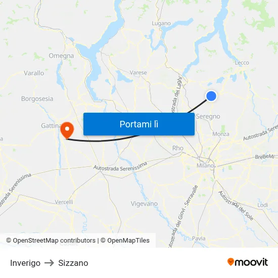 Inverigo to Sizzano map