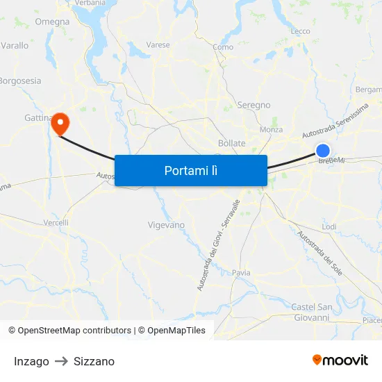 Inzago to Sizzano map
