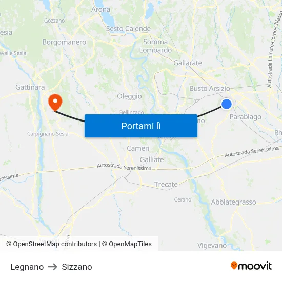 Legnano to Sizzano map