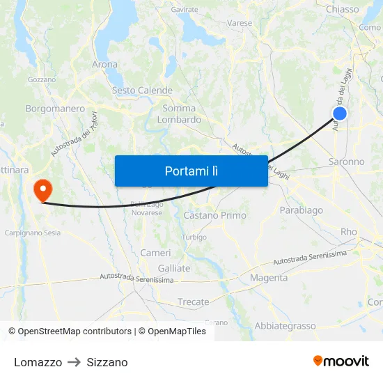 Lomazzo to Sizzano map
