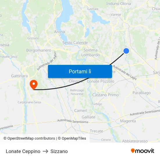 Lonate Ceppino to Sizzano map