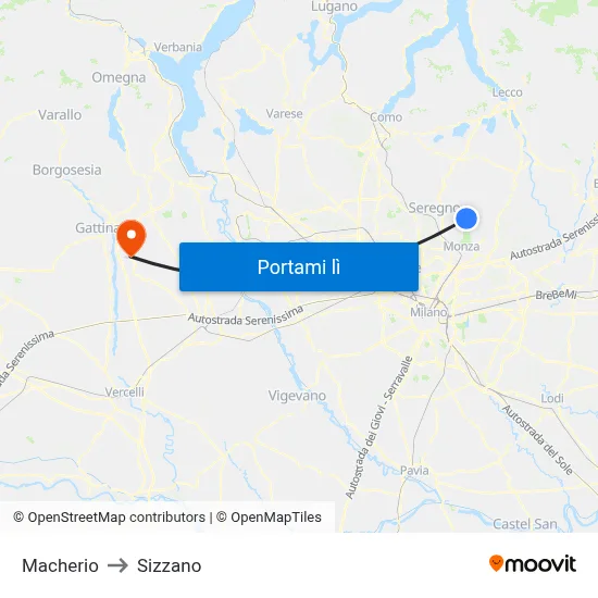 Macherio to Sizzano map