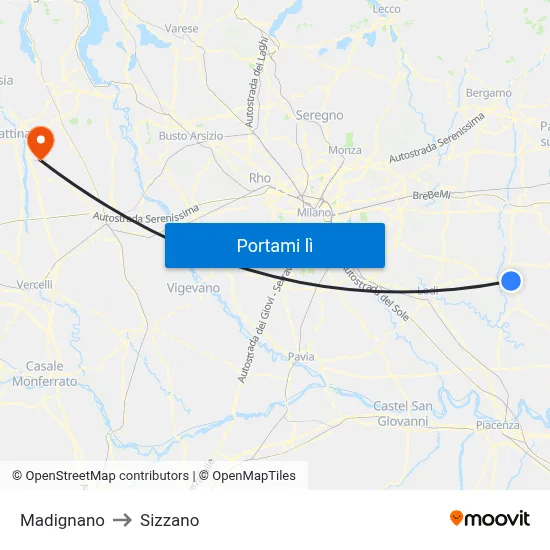 Madignano to Sizzano map