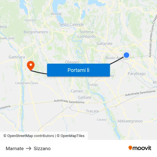 Marnate to Sizzano map