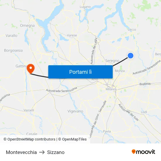 Montevecchia to Sizzano map