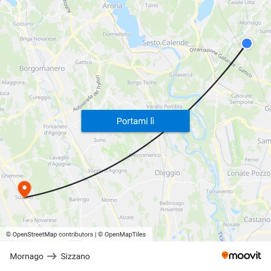 Mornago to Sizzano map