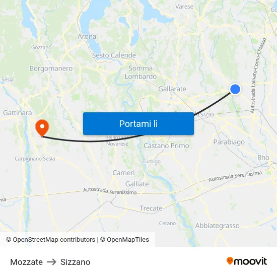 Mozzate to Sizzano map