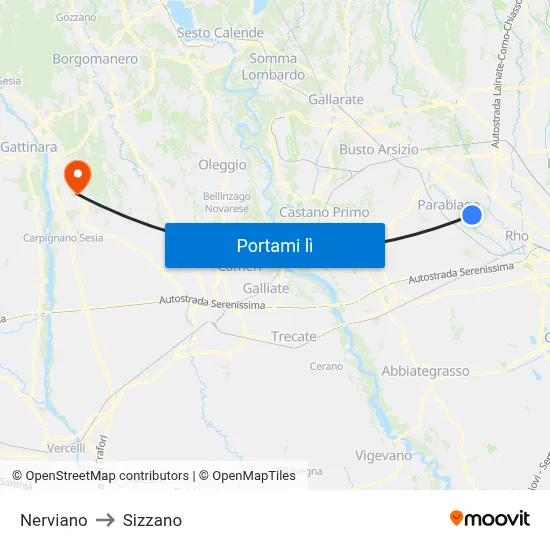 Nerviano to Sizzano map
