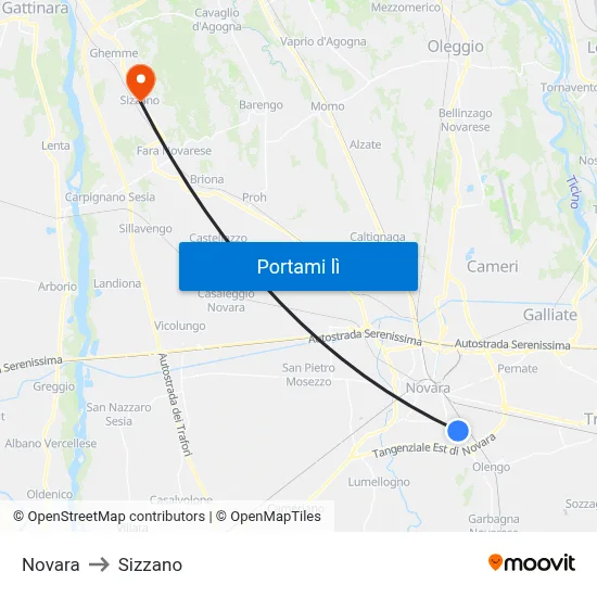 Novara to Sizzano map