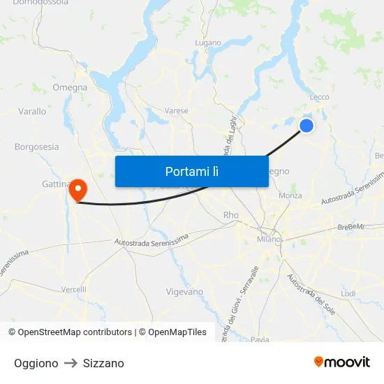 Oggiono to Sizzano map