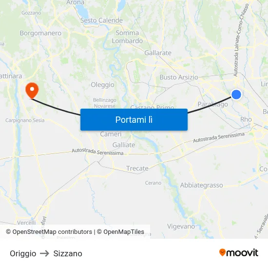 Origgio to Sizzano map
