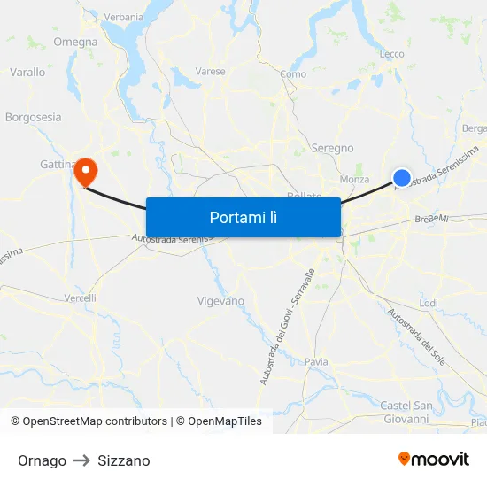 Ornago to Sizzano map