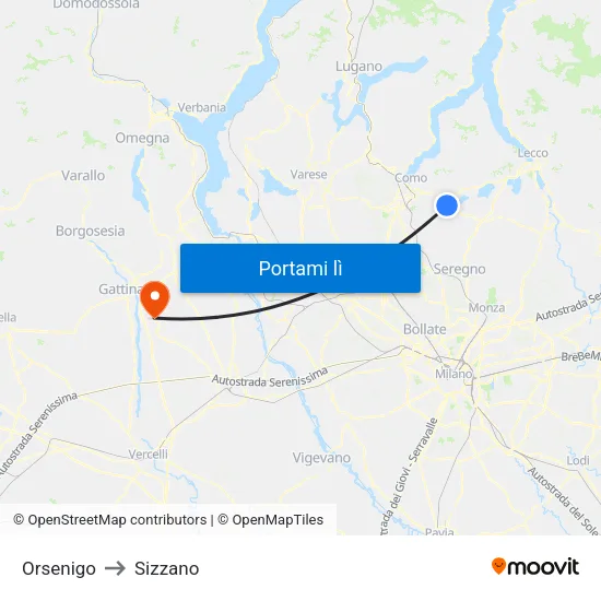 Orsenigo to Sizzano map