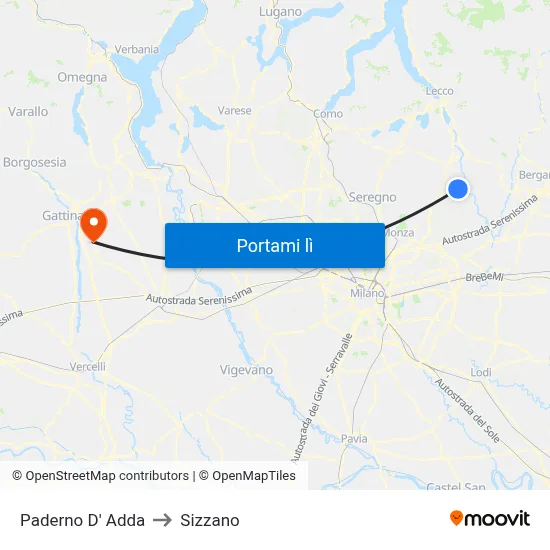 Paderno D' Adda to Sizzano map
