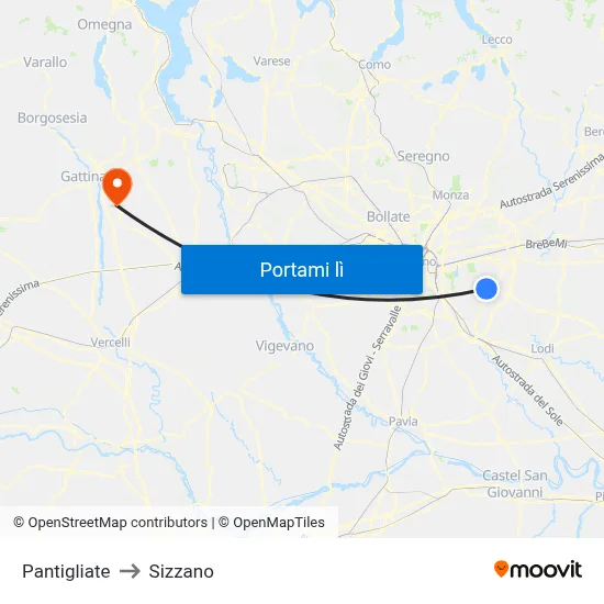 Pantigliate to Sizzano map
